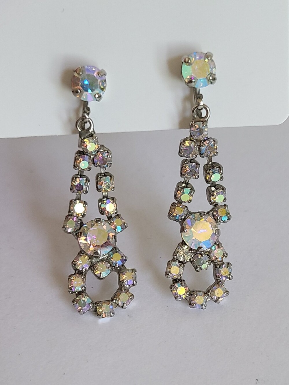 Vintage Mid Century Aurora Borealis Silver Long Drop Evening Clip On Earrings